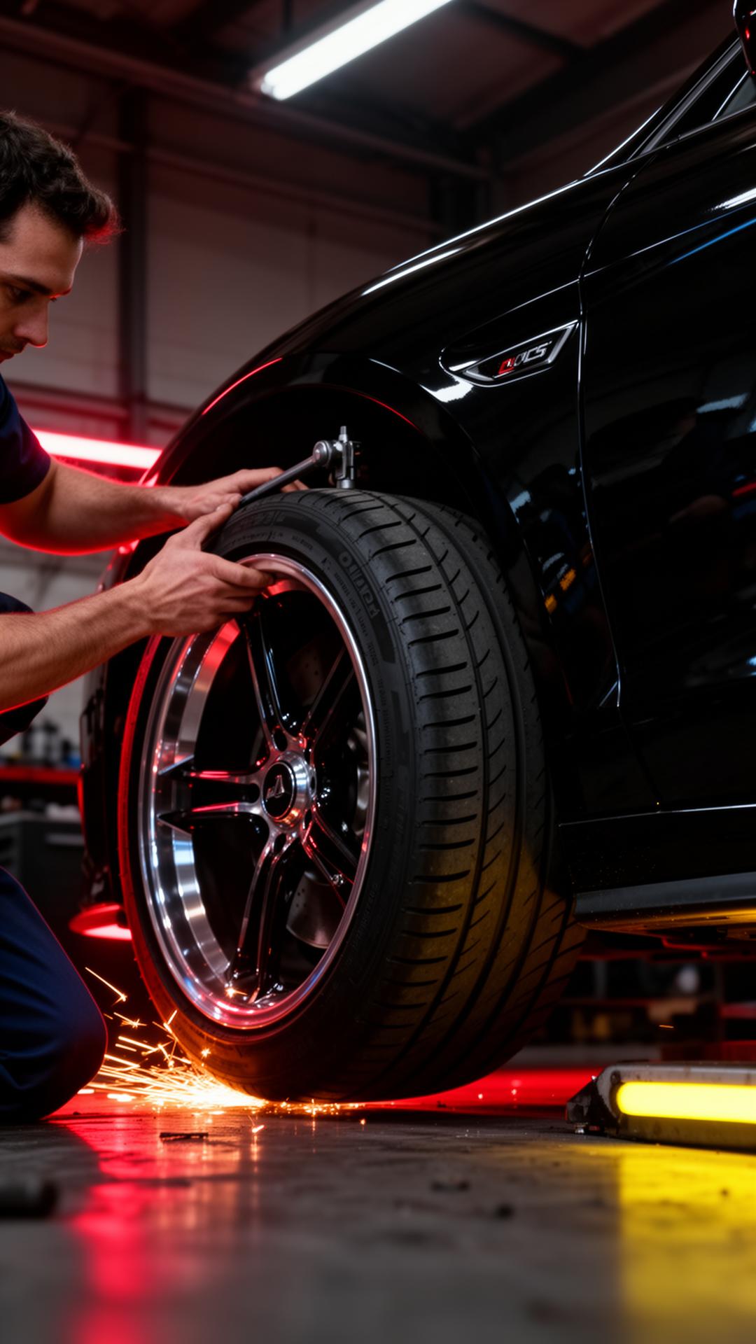 Mechanic fitting a premium tyre on a black sports car